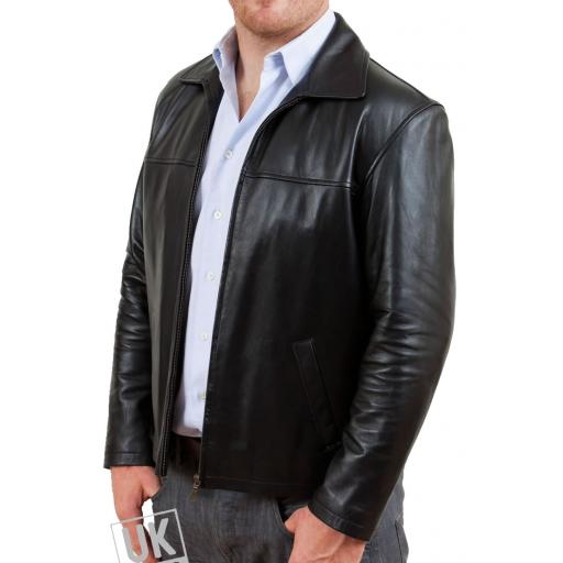 Men's Black Leather Jacket - Classic Harrington