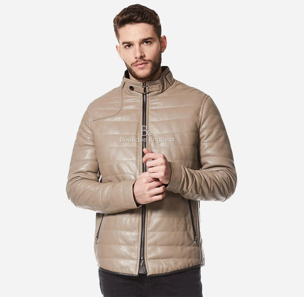RANGER Mens Puffer Leather Jacket Padded Jacket in Beige