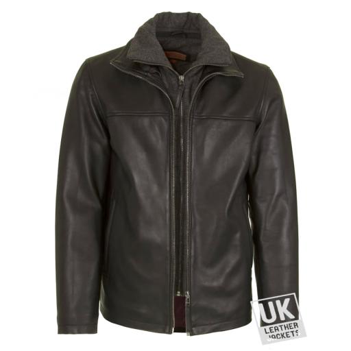 Mens Black Leather Jacket - Detach Inner Collar -Ibex