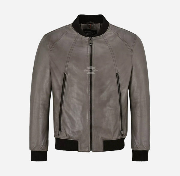 STANTAN Leather Bomber Jacket For Men's in Grey