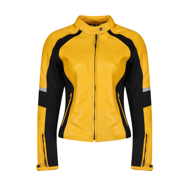 MotoGirl Fiona Leather Jacket – Yellow with CE Protection & Shoulder & Elbow Armour