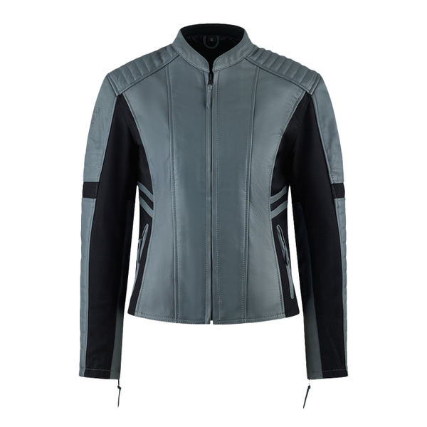 MotoGirl Amelia Leather Jacket – Grey with CE Protection & Stretch Panels for Comfort