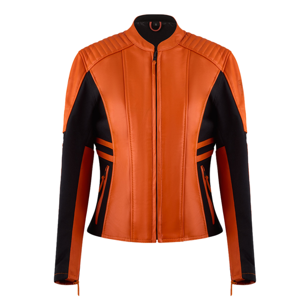 MotoGirl Amelia Leather Jacket – Orange with Stretch Panels for Comfort & Safety