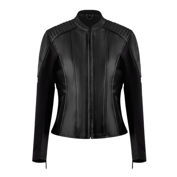 MotoGirl Amelia Leather Jacket – Stylish Black Jacket with Stretch Panels for Comfort & Safety