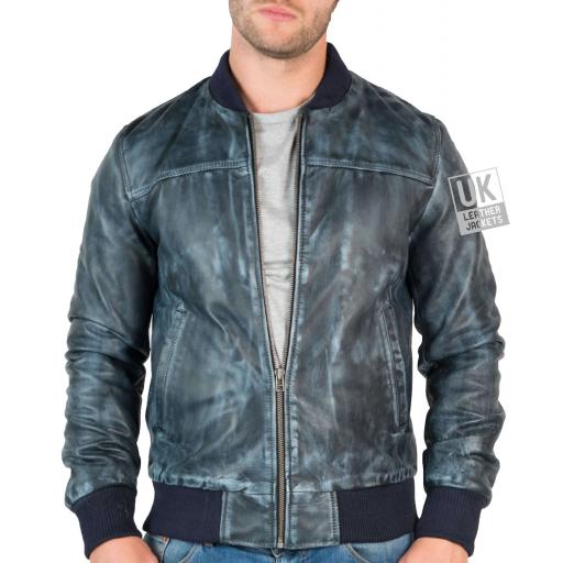 Mens Leather Bomber Jacket - Stone Wash Blue