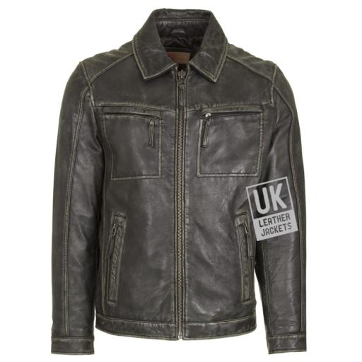 Mens Distressed Black Leather Jacket - Onyx I