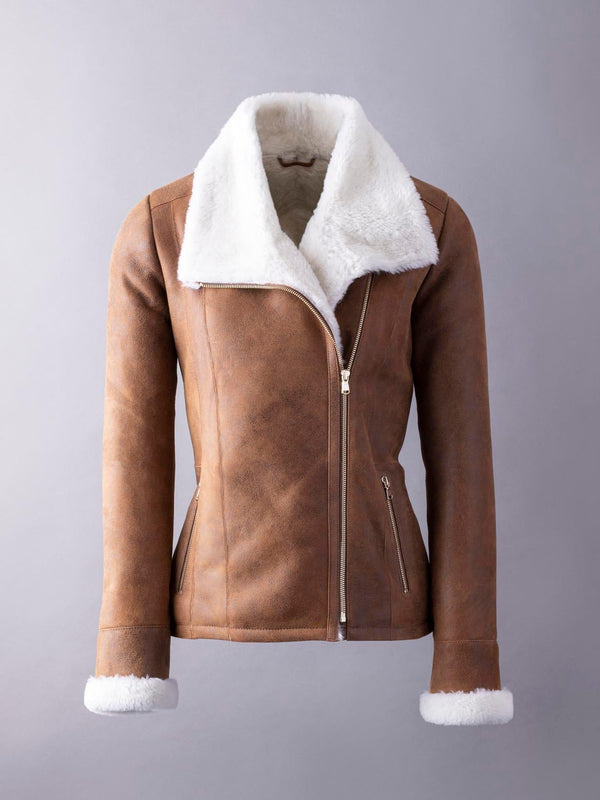 Brown leather Allerdale Sheepskin Aviator Jacket with white fur lining on a gray background
