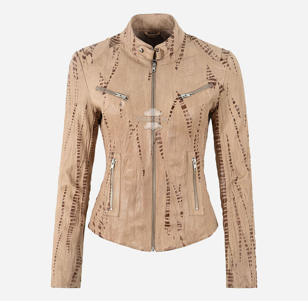 SPEED Women's Croc Print Leather Racer Jacket