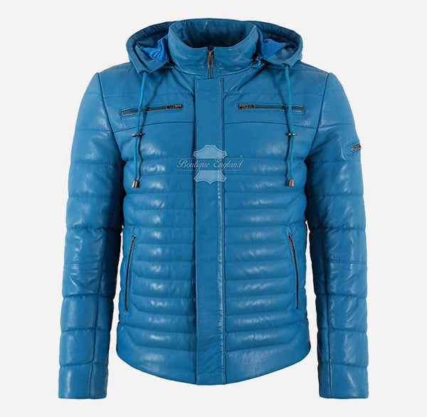 ICEBERG Men's Hooded Leather Puffer Jacket Blue