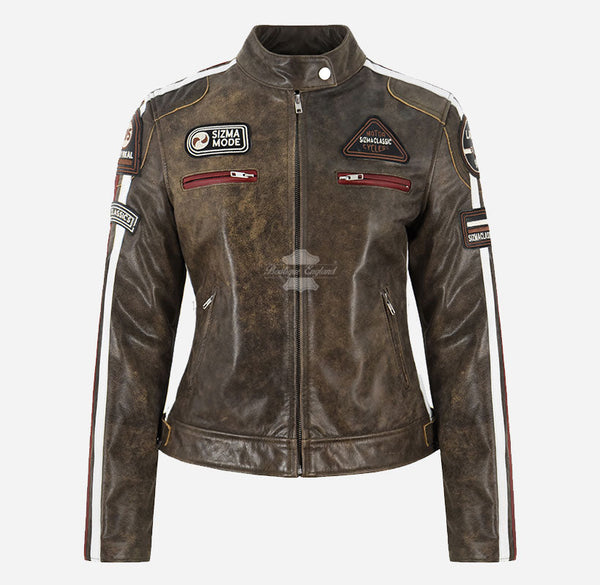 SIZMA Women's Leather Racer Jacket Cracked Effect