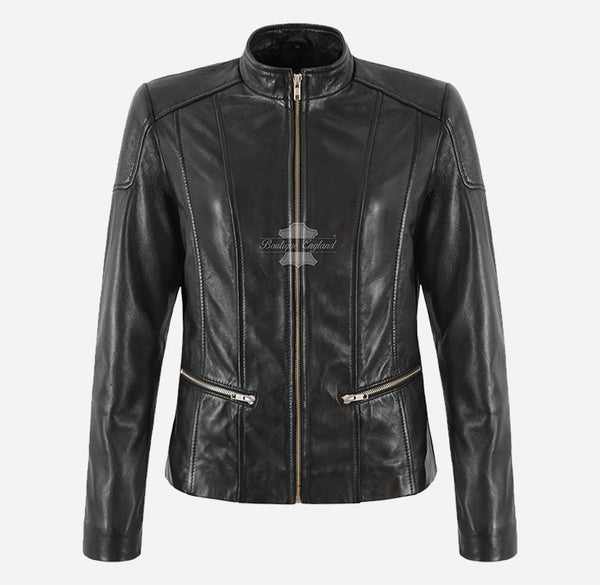 ZEEN LADIES LEATHER JACKET Black Blouson Biker LEATHER JACKET