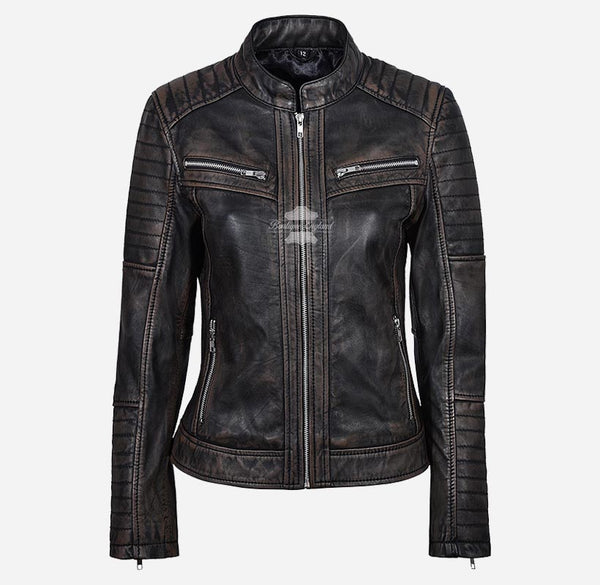 SPEEDSTER Women's Leather Racer Jacket Vintage Waxed