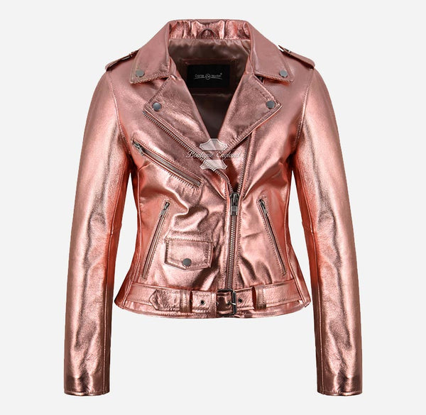 LUNELLE Women's Leather Biker Jacket in Metallic Pink