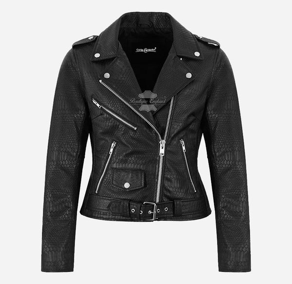 BRANDO Women's Snake Print Leather Biker Jacket