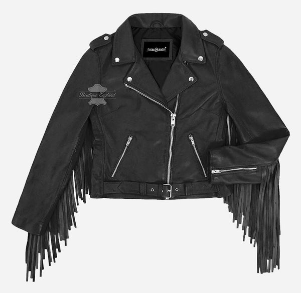 Brando Women's Leather Biker Jacket with Long Fringes