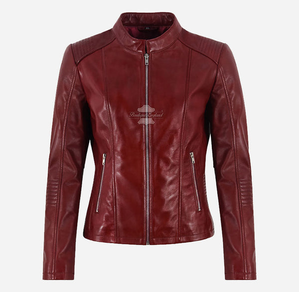 WAVERLY Women's Leather Racer Jacket in Dark Red