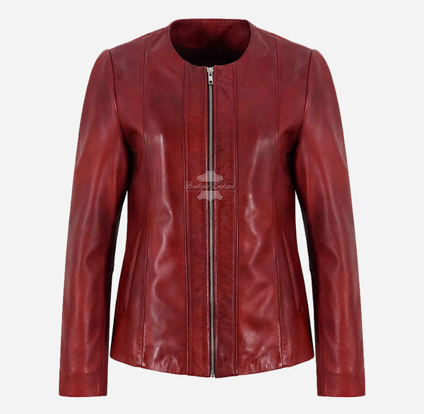 SOAVA Women's Collarless Leather Jacket Dark Red