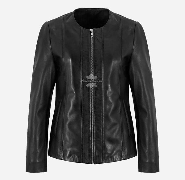 SOAVA Women's Collarless Leather Jacket Black