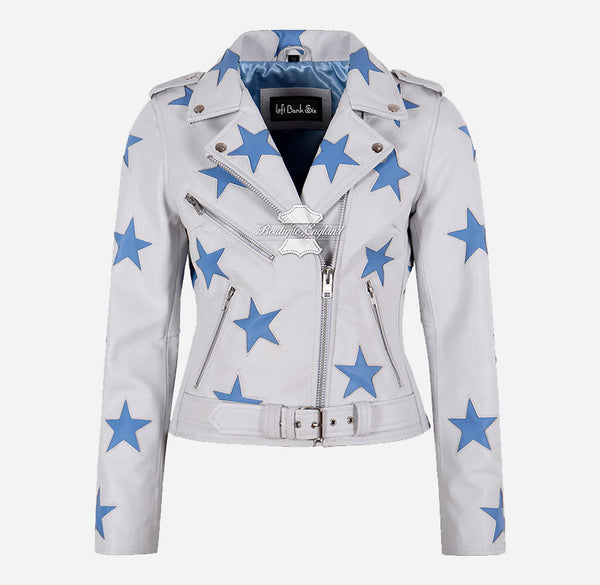 BRANDO Women's Black Biker Leather Jacket with White Stars