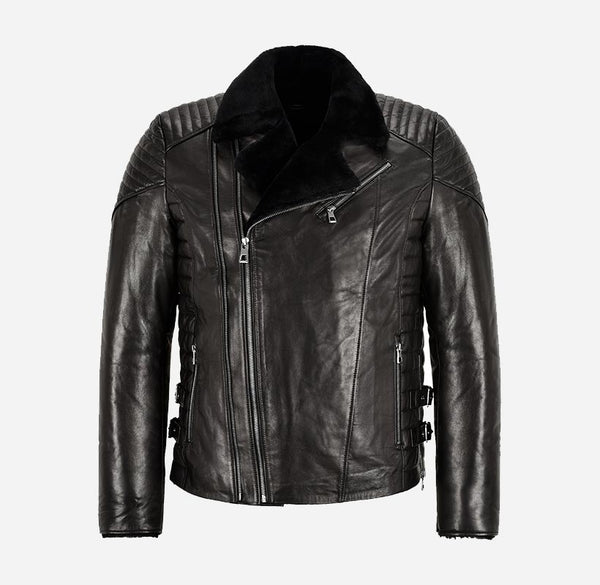 ZACHARY Men's Side Zip Sheepskin Flying Jacket Black
