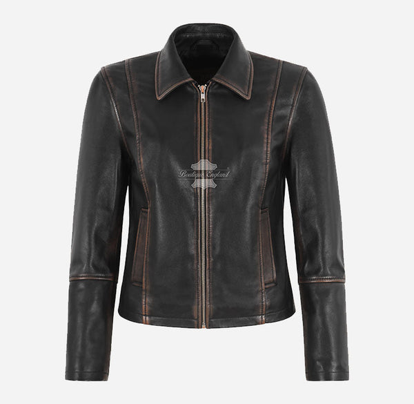 CASIDY Women Vintage Collared Leather Jacket Boxy Fit