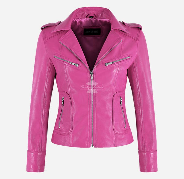 RIDER Center Zip Women's Leather Biker Jacket Pink