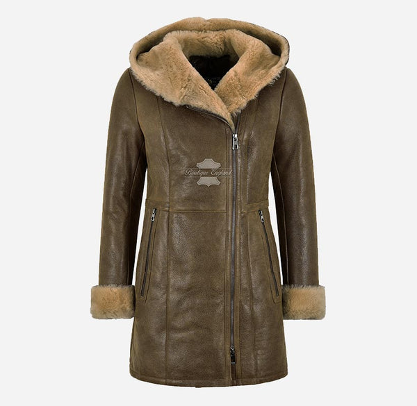 HAZEL SHEEPSKIN HOODED COAT LADIES CLASSIC B3 SHEARLING FUR LONG JACKET