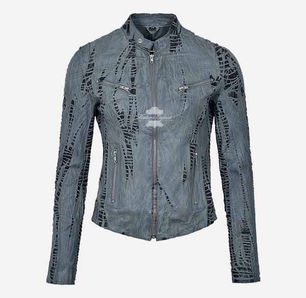 SPEED Ladies Grey Croc Effect Leather Jacket Short Fitted Style Leather Jacket