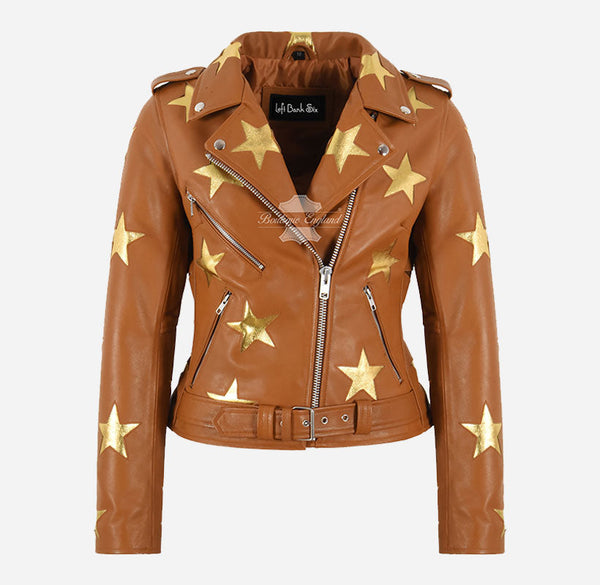 BRANDO STAR Women's Biker Leather Jacket with Stars