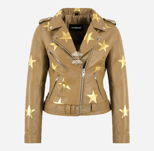 Women's Classic Brando Leather Biker Jacket with Stars