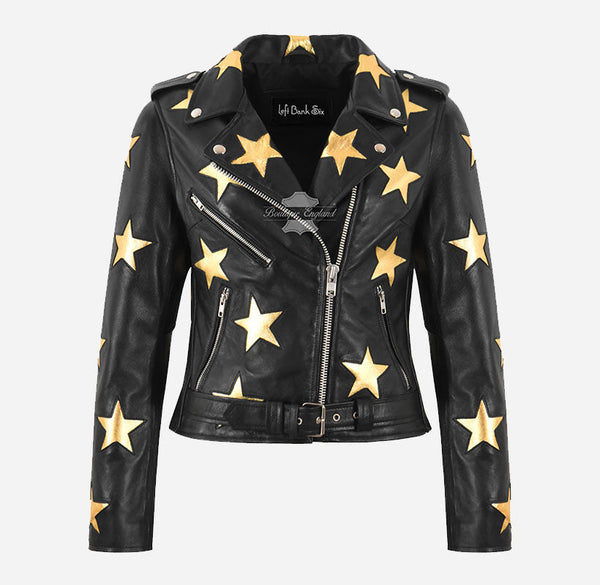 BRANDO STAR Women's Biker Leather Jacket with Stars