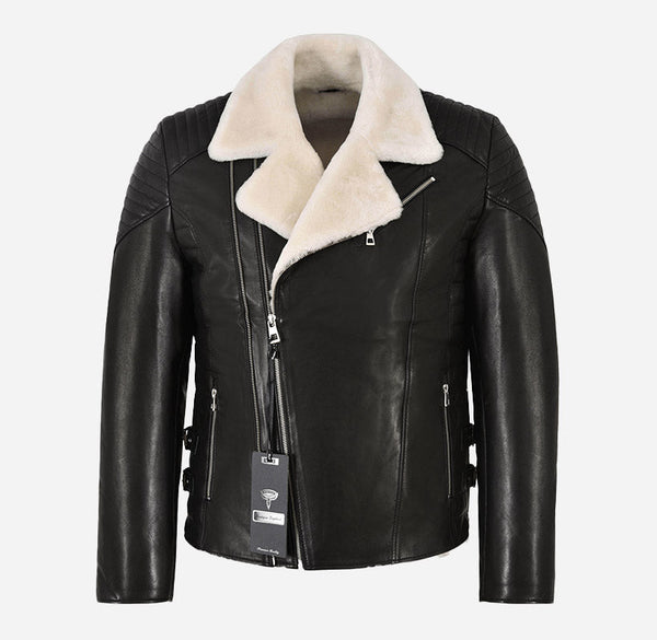 ZACHARY Men's Side Zip Biker Sheepskin Pilot Jacket