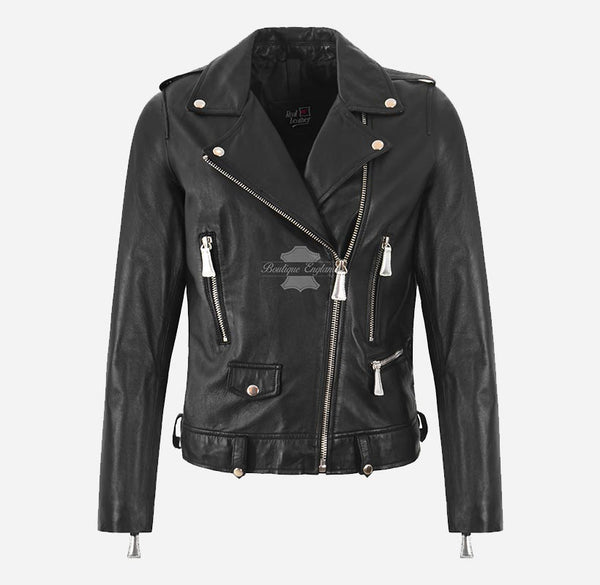 LAUREL Women Biker Style Leather Jacket Black