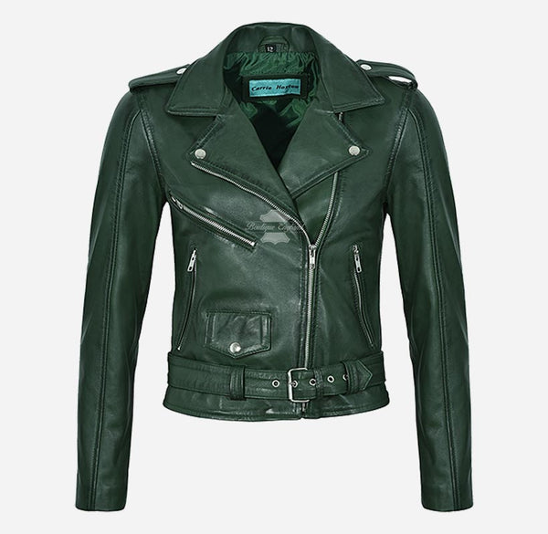MB Women Biker Style Leather Jacket Short Fitted