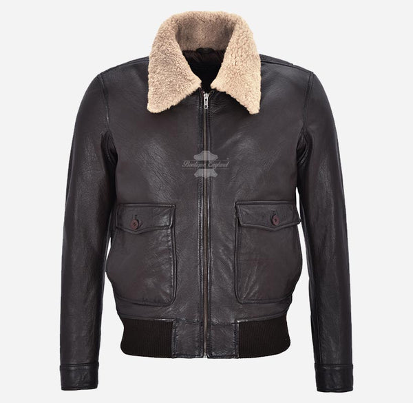 ZAGREB Mens Leather Bomber Flight Jacket with Fur Collar