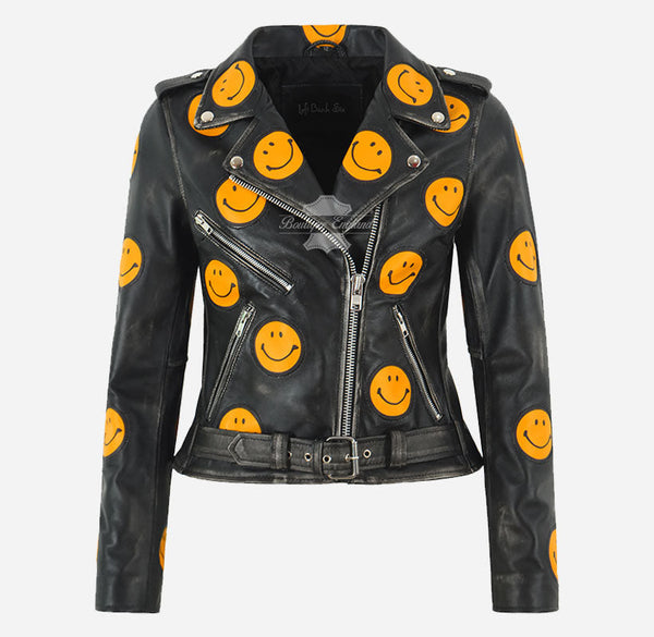 BRANDO Style Women’s Biker Leather Jacket with Yellow Smiley Face Patches