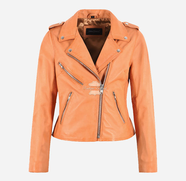 EMILY Women Leather Biker Jacket Soft Peach