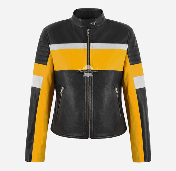 RACER Ladies Leather Biker Jacket Black Yellow Leather Fitted Jacket For Women