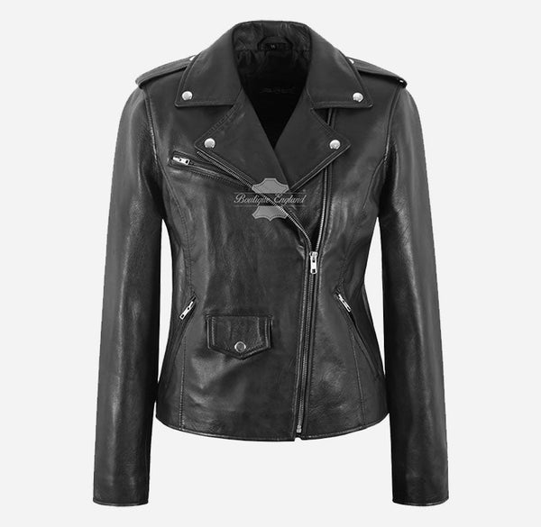 BRANDO Women's Black Leather Jacket Fitted Biker Style