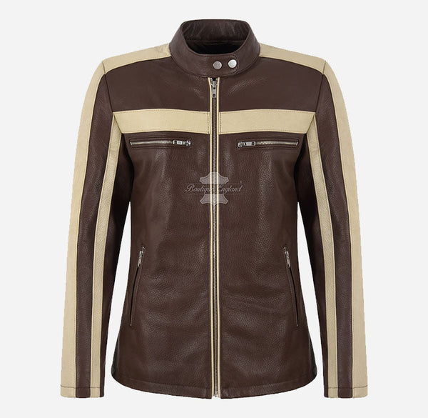 BLITZAR Women's Leather Racer Jacket in Brown