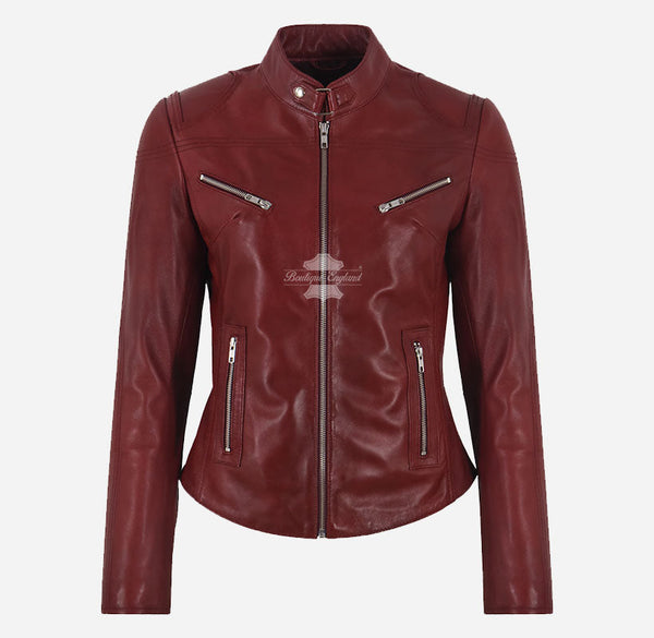 SPEEDSTER Women's Leather Racer Jacket Dark Red