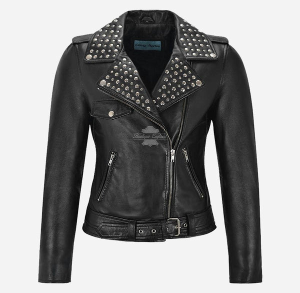 BRANDO Ladies Studded Collar Leather Biker Jacket Fitted Jacket