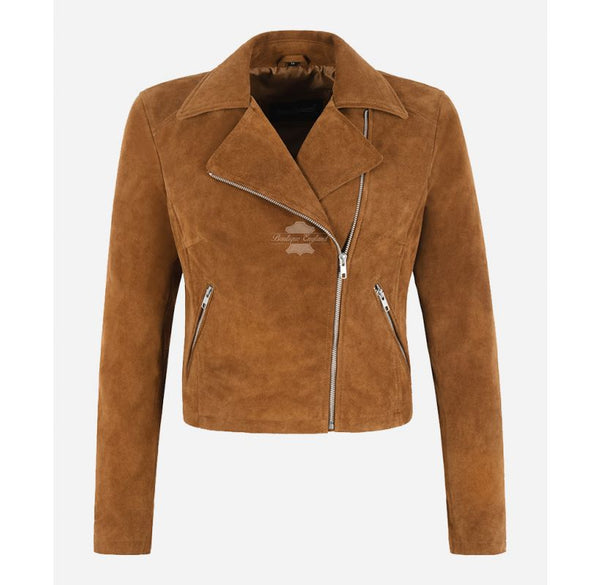 Women Short Body Tan Suede Leather Jacket Classic Biker Fashion Slim Jacket