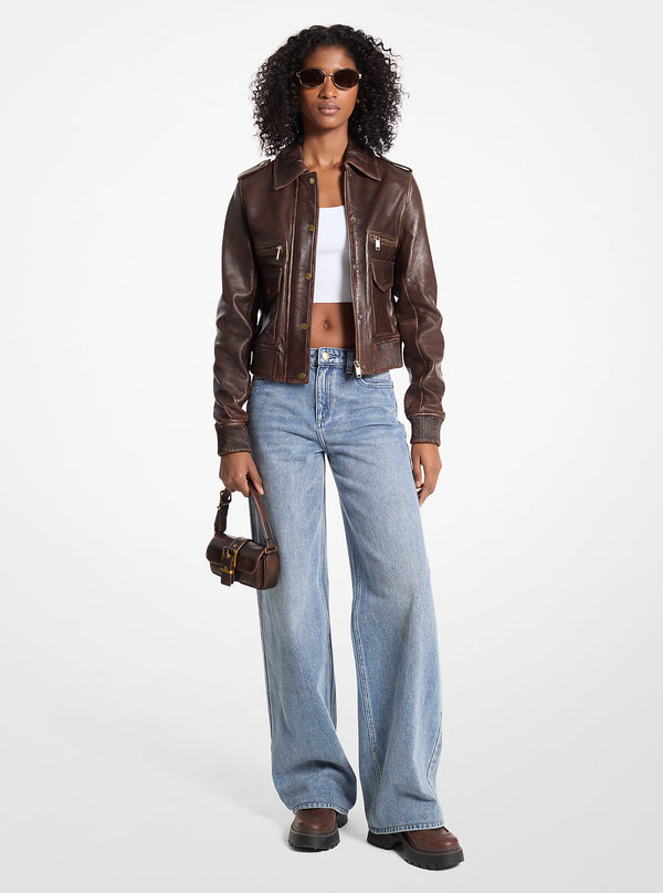 Burnished Leather Blouson Sleeve Jacket - Michael Kors
