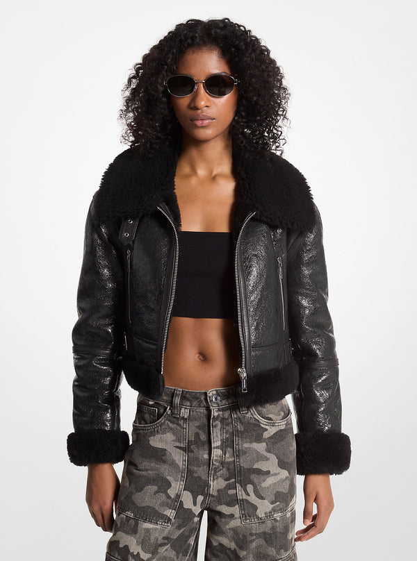 Crackled Leather and Shearling Cropped Jacket - Michael Kors