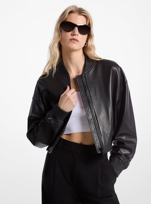 Leather Cropped Bomber Jacket - Michael Kors