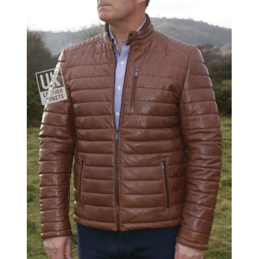 Mens Light Brown Leather Jacket - Ultra Light Quilted I