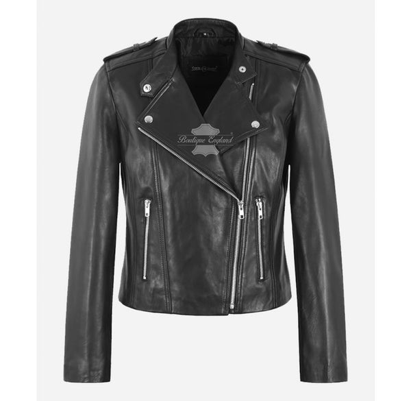AMANDA Women's Biker Style Leather Jacket Black