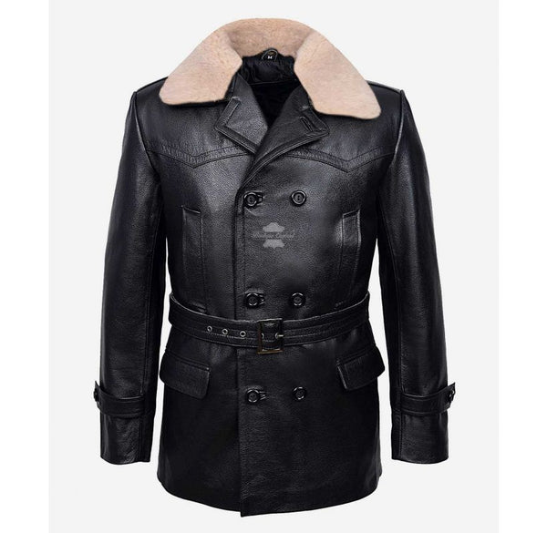 DR WHO Black Pea Coat SHEARLING COLLAR LEATHER REEFER JACKET