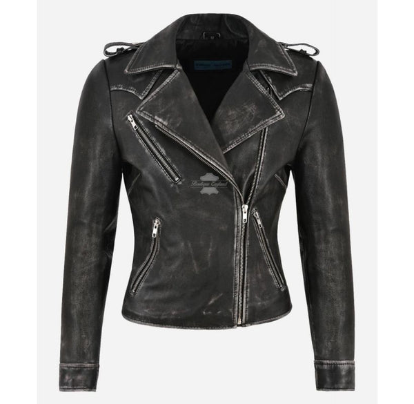 KATE Leather Jacket Ladies Biker Fashion Black Vintage Waxed Jacket
